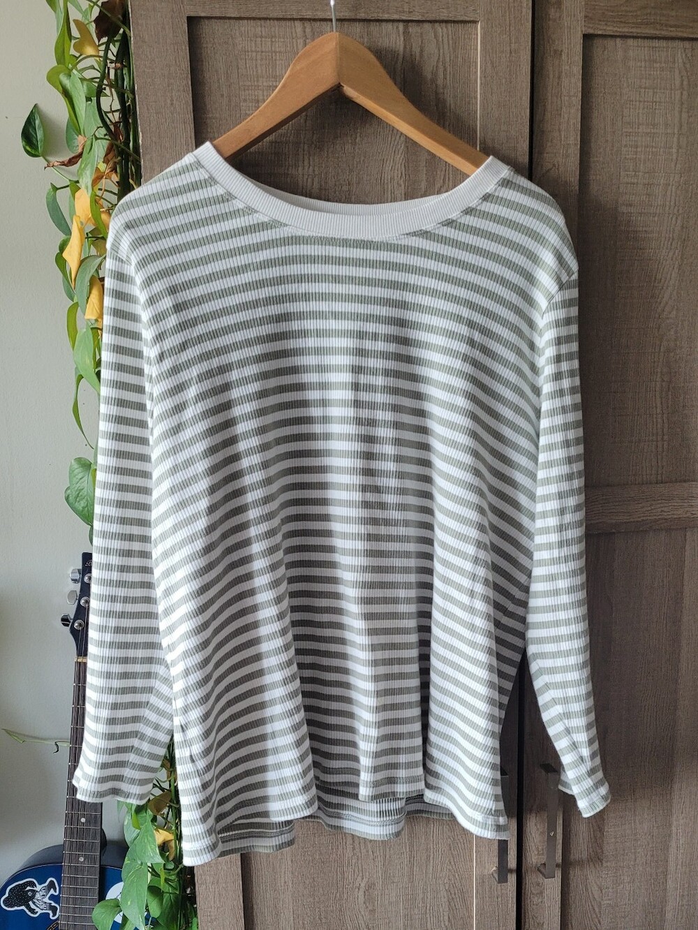 Striped Long-Sleeve Women’s Top in White and Sage